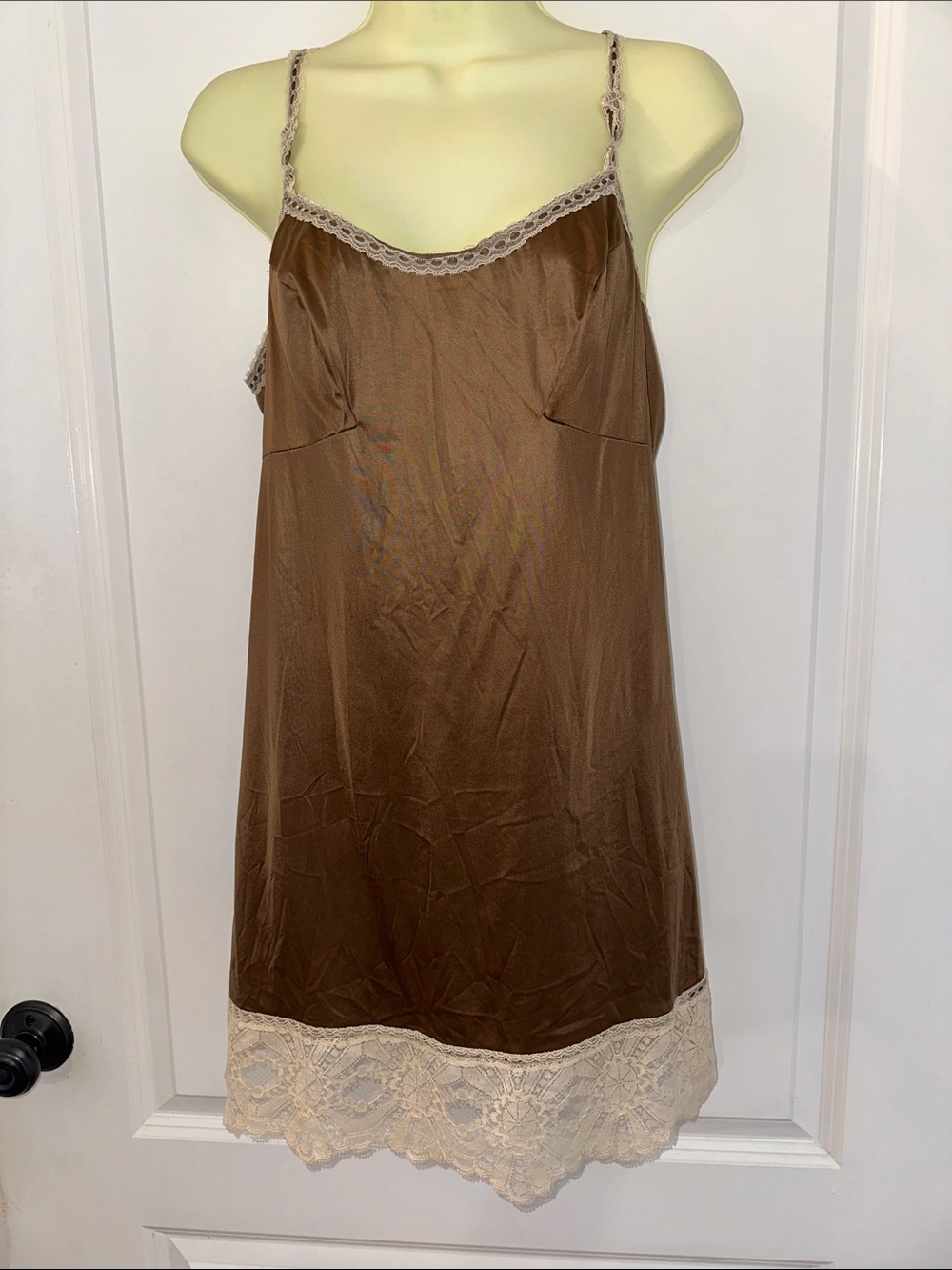 Vintage 60s/70s Vanity Fair Brown Short Nylon Slip with Cream Lace Trim